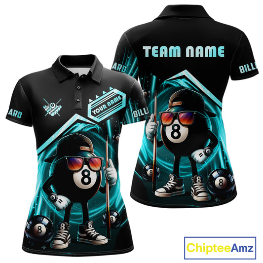 Turquoise Funny 8 Ball Billiard Shirt For Women Custom Pool Team Shirt, Billiard Jersey Polo, 1/4 Zip TDM5644