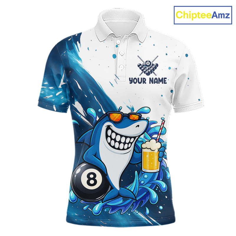 Blue and white funny shark 8 ball pool billiard team jersey polo shirt for men, custom pool league apparel and tournament jersey.