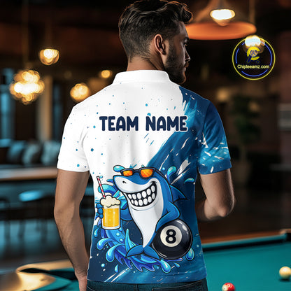 Man wearing blue and white funny shark 8 ball pool billiard polo shirt back view.