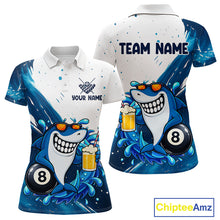 Load image into Gallery viewer, Blue and white funny shark 8 ball pool billiard team jersey polo shirt for women, custom pool league apparel and tournament jersey.