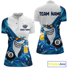 Load image into Gallery viewer, Blue and white funny shark 8 ball pool billiard quarter zip shirt for women, personalized billiard team jersey.
