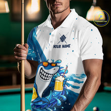 Load image into Gallery viewer, Man wearing blue and white funny shark 9 ball pool billiard polo shirt front view.