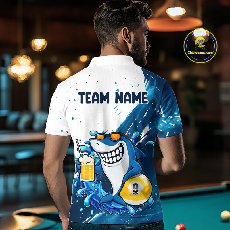 Man wearing blue and white funny shark 9 ball pool billiard polo shirt back view.