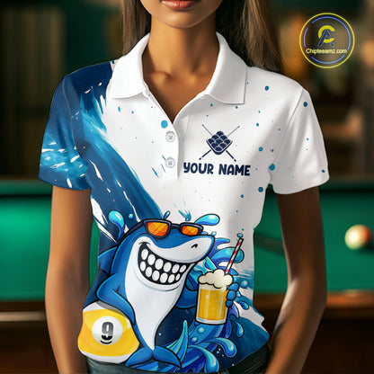Woman wearing blue and white funny shark 9 ball pool billiard polo shirt front view.
