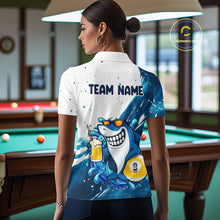Load image into Gallery viewer, Woman wearing blue and white funny shark 9 ball pool billiard polo shirt back view.