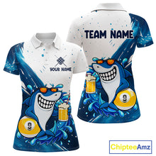Load image into Gallery viewer, Blue and white funny shark 9 ball pool billiard team jersey polo shirt for women, custom pool league apparel and tournament jersey.