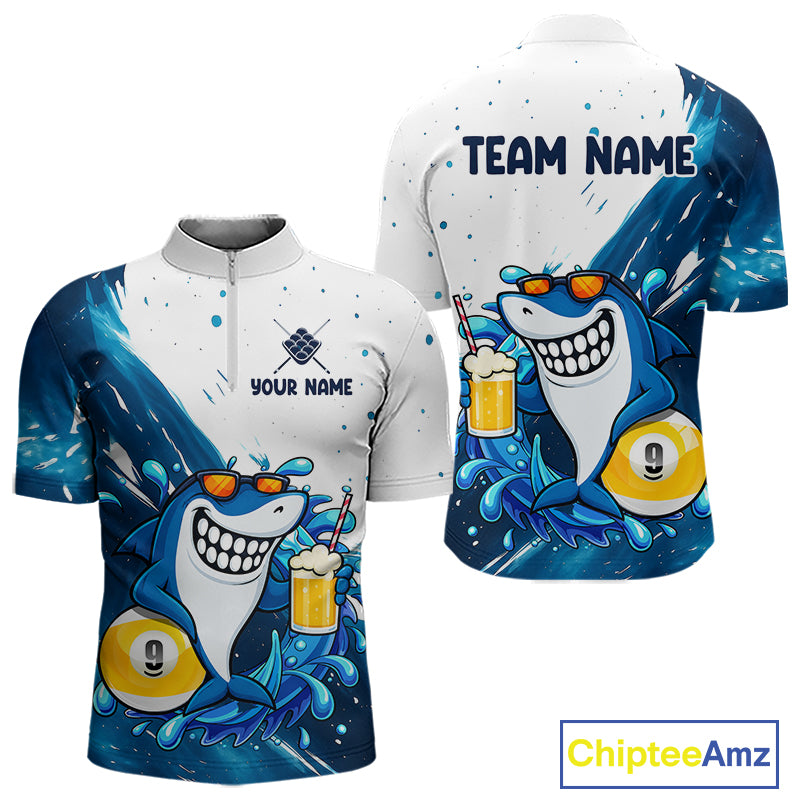 Blue and white funny shark 9 ball pool billiard quarter zip shirt for men, personalized billiard team jersey.