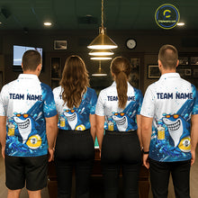 Load image into Gallery viewer, Billiard team wearing matching blue and white funny shark 9 ball pool jerseys back view.