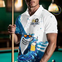 Load image into Gallery viewer, Man wearing custom blue funny shark 8 ball and 9 ball pool billiard polo shirt front view.