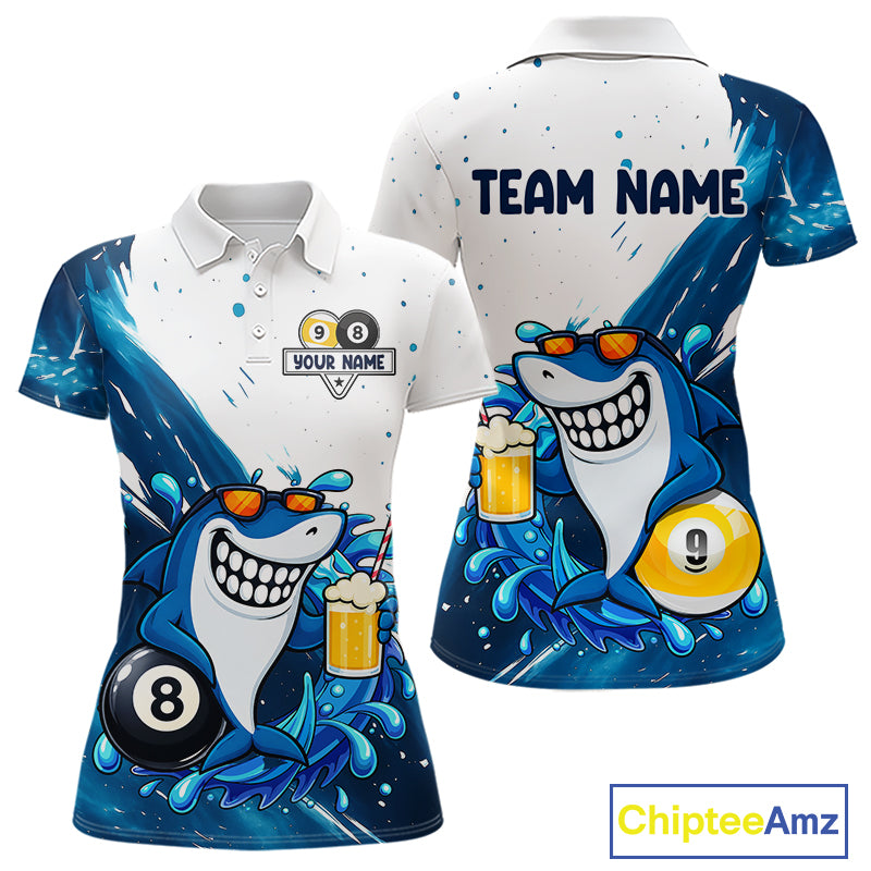 Custom blue funny shark 8 ball and 9 ball pool billiard team jersey polo shirt for women, personalized pool league apparel and tournament jersey.