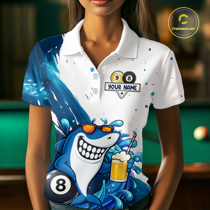 Woman wearing custom blue funny shark 8 ball and 9 ball pool billiard polo shirt front view.