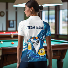 Load image into Gallery viewer, Woman wearing custom blue funny shark 8 ball and 9 ball pool billiard polo shirt back view.