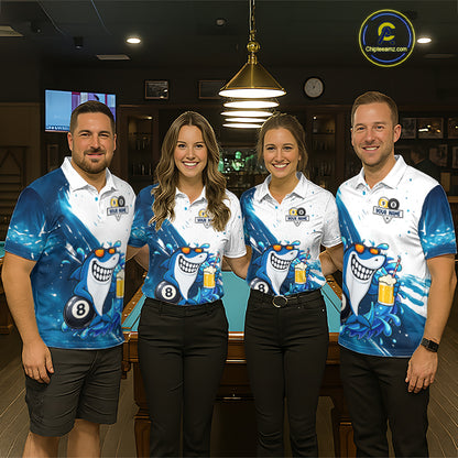 Billiard team wearing matching blue funny shark 8 ball and 9 ball pool jerseys front view.