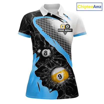 Black And Blue 8 Ball & 9 Ball Break Glass Billiard Jersey For Women Custom Pool Team Shirts TDM7160