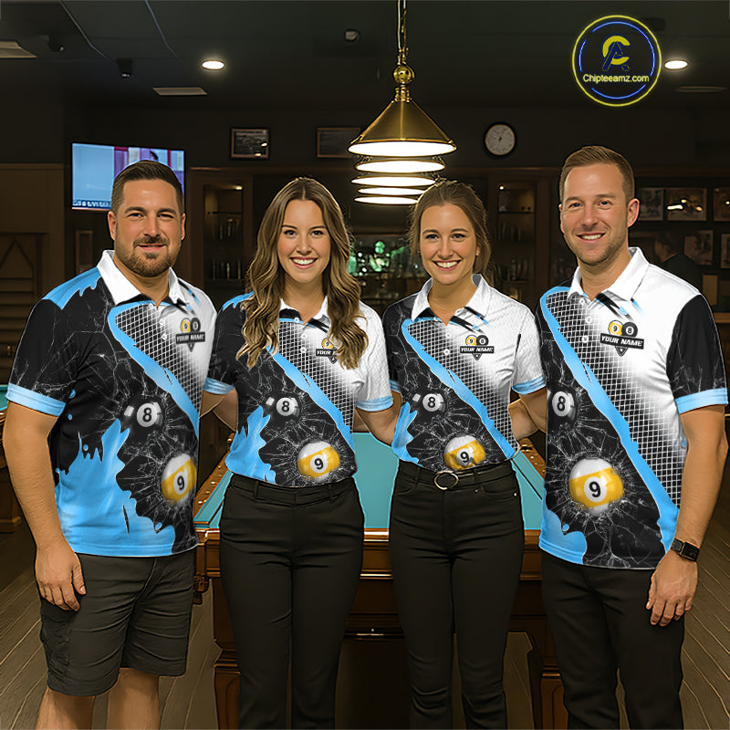 Black And Blue 8 Ball & 9 Ball Break Glass Billiard Jersey For Men Custom Pool Team Shirts TDM7160