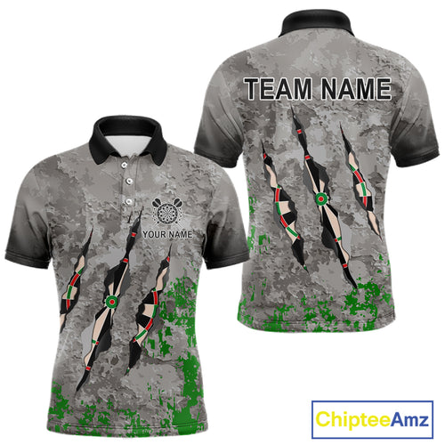 Custom Green Grey Grunge Dart Shirt With Pocket Option For Men, Darts Jersey TDM4528