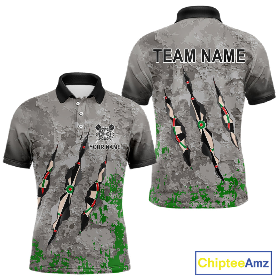 Custom Green Grey Grunge Dart Shirt With Pocket Option For Men, Darts Jersey TDM4528