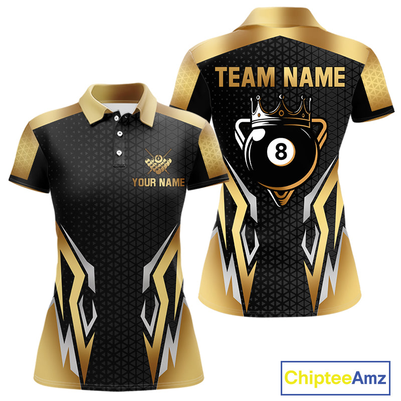 Black And Golden 8 Ball Pool Crown Billiard Shirt For Women Custom Billiard Jersey Polo & 1/4 Zip TDM4321