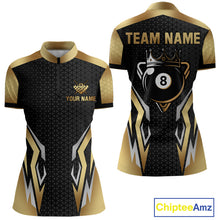 Load image into Gallery viewer, Black And Golden 8 Ball Pool Crown Billiard Shirt For Women Custom Billiard Jersey Polo &amp; 1/4 Zip TDM4321
