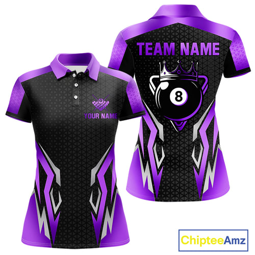 Black Purple 8 Ball Pool Crown Billiard Shirt For Women Custom Billiard Jersey Team Polo & 1/4 Zip TDM4323