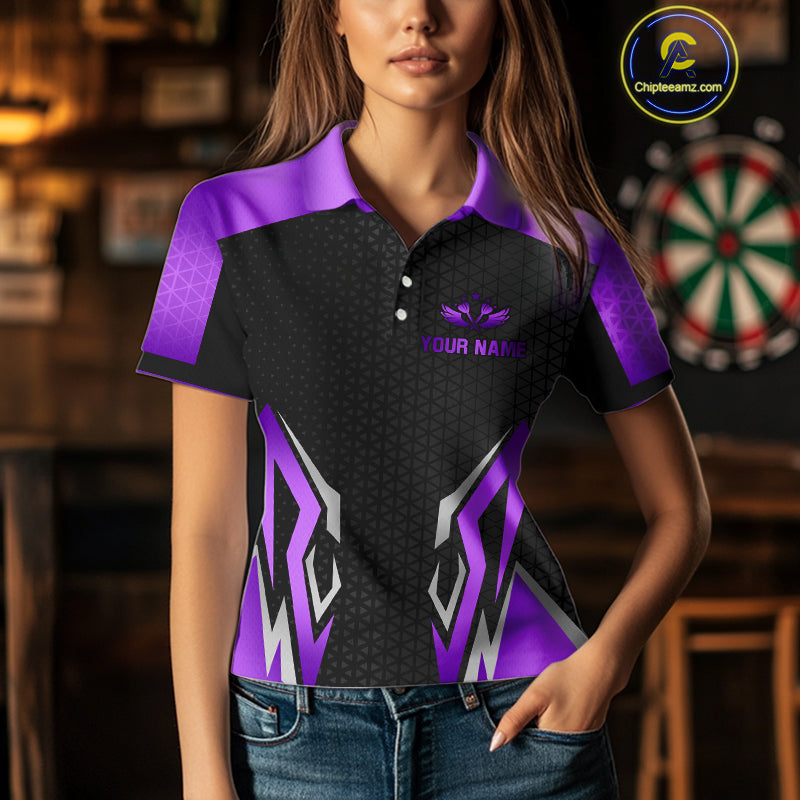 Black And Purple Funny Crown Darts Shirt For Women Custom Darts Jerseys Team Polo & Quarter Zip TDM4326