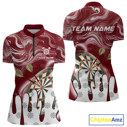 Personalized Marble Swirl Dart Shirts For Women Custom Funny Darts Jersey Team Polo & 1/4 Zip |Red TDM4163