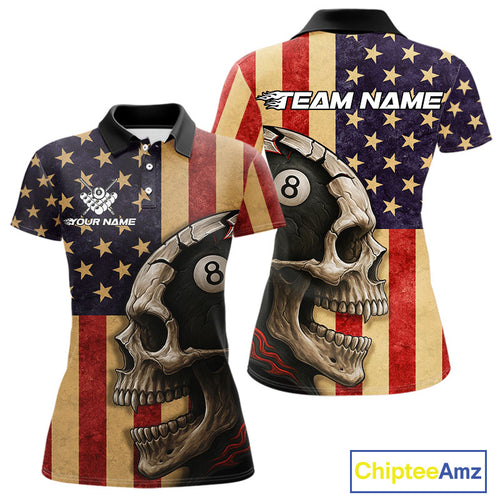 Vintage American Flag Skull Billiard Shirt For Women Custom 8 Ball Patriotic Pool Team Jerseys TDM4156