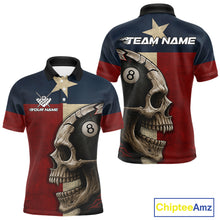Load image into Gallery viewer, Personalized Grunge Texas Flag Skull Billiard Shirt For Men, 8 Ball Patriotic Pool Team Jerseys TDM4158