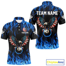 Load image into Gallery viewer, Blue Flaming American Flag Eagle 8 Ball Billiard Shirt For Men Custom Patriotic Pool Team Jersey TDM4328