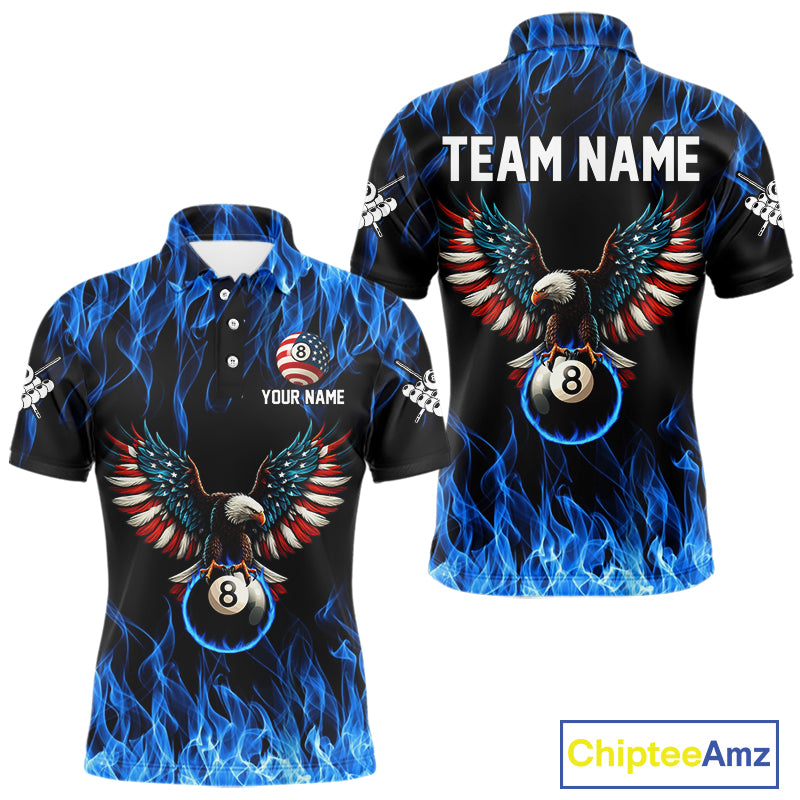 Blue Flaming American Flag Eagle 8 Ball Billiard Shirt For Men Custom Patriotic Pool Team Jersey TDM4328