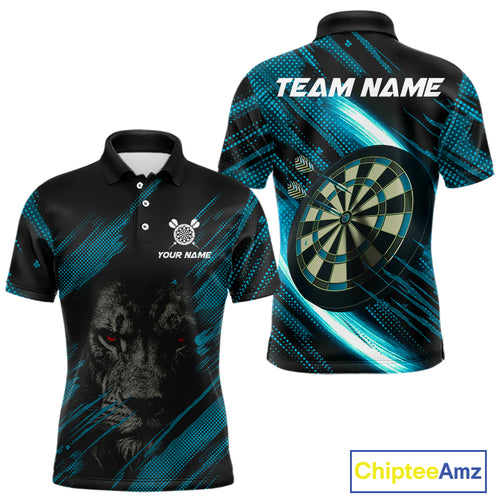 Personalized Cyan & Black Lion Darts Shirt For Men Custom Light Dartboard Jersey Polo & 1/4 Zip TDM4335
