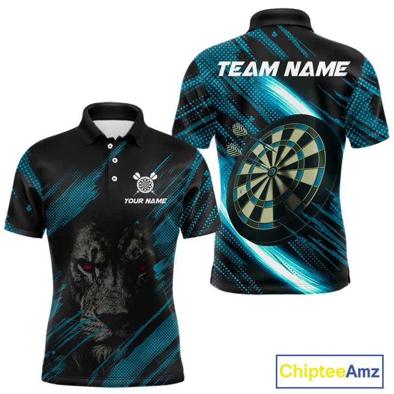 Personalized Cyan & Black Lion Darts Shirt For Men Custom Light Dartboard Jersey Polo & 1/4 Zip TDM4335