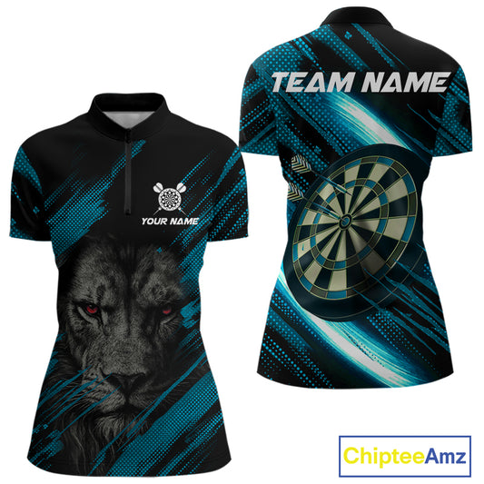 Personalized Cyan & Black Lion Darts Shirt For Women Custom Light Dartboard Jersey Polo & 1/4 Zip TDM4335