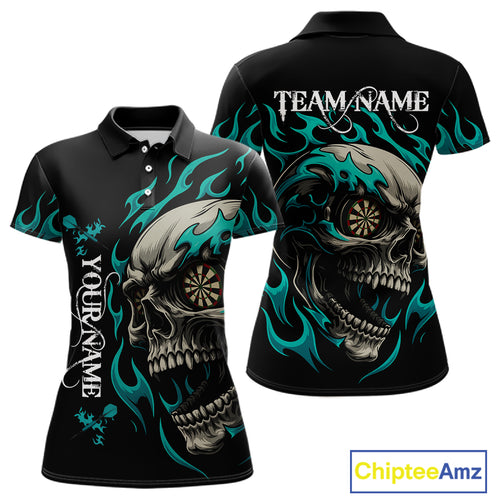 Personalized Turquoise Flaming Skull Darts Shirt For Women Custom Darts Jersey Team Polo & 1/4 Zip TDM4763