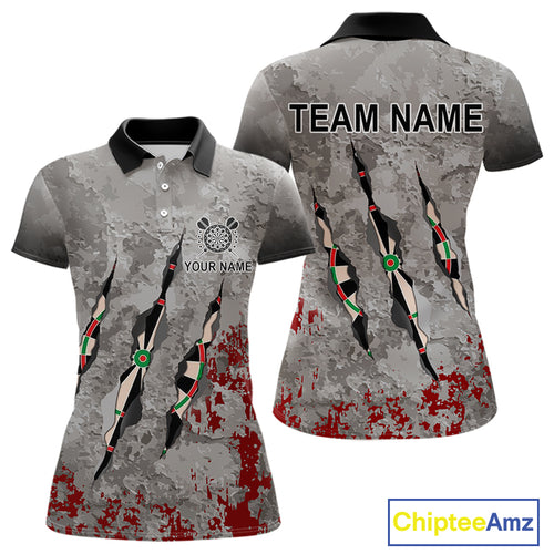 Custom Red Grey Grunge Dart Shirts With Pocket Option For Women, Darts Jersey TDM4179