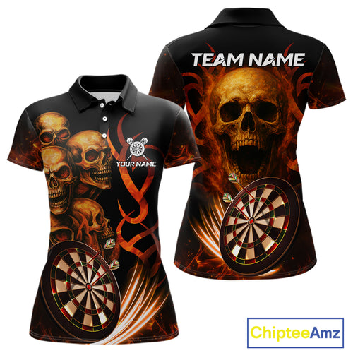 Custom Skull Fire Darts Jersey For Women, Black And Orange Darts Polo & Quarter Zip Team Shirt TDM4576