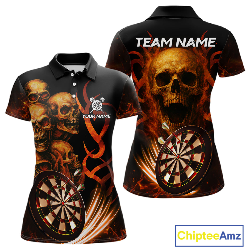 Custom Skull Fire Darts Jersey For Women, Black And Orange Darts Polo & Quarter Zip Team Shirt TDM4576