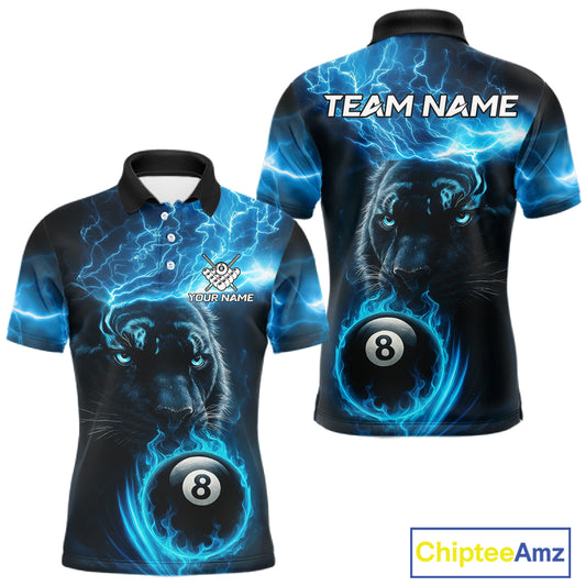 Custom Panther Billiard Polo & 1/4 Zip For Men, Blue Flame 8 Ball Lightning Pool Team Jersey TDM4580