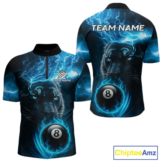 Custom Panther Billiard Polo & 1/4 Zip For Men, Blue Flame 8 Ball Lightning Pool Team Jersey TDM4580