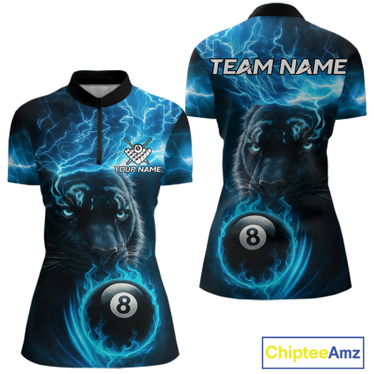 Custom Panther Billiard Polo & 1/4 Zip For Women, Blue Flame 8 Ball Lightning Pool Team Jersey TDM4580