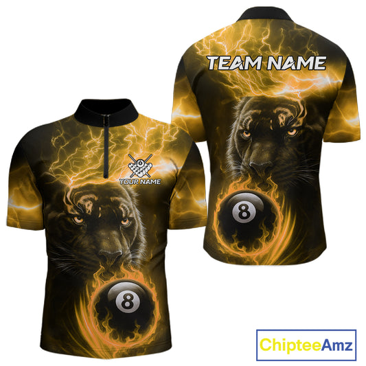 Custom Panther Billiard Polo & 1/4 Zip For Men, Yellow Flame 8 Ball Lightning Pool Team Jersey TDM4581