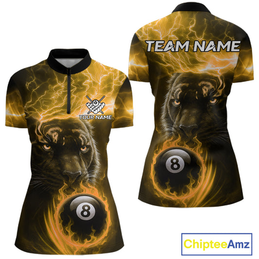 Custom Panther Billiard Polo & 1/4 Zip For Women, Yellow Flame 8 Ball Lightning Pool Team Jersey TDM4581