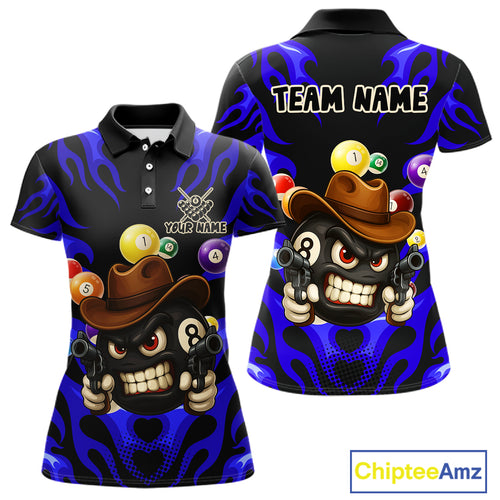 Personalized Blue Funny Flame 8 Ball Billiard Shirt For Women Custom Pool Team Jersey Polo & 1/4 Zip TDM4783
