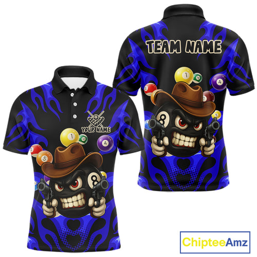Personalized Blue Funny Flame 8 Ball Billiard Shirt For Men Custom Pool Team Jersey Polo & 1/4 Zip TDM4783