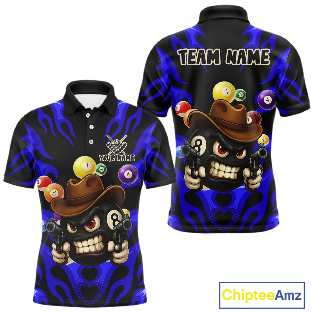 Personalized Blue Funny Flame 8 Ball Billiard Shirt For Men Custom Pool Team Jersey Polo & 1/4 Zip TDM4783