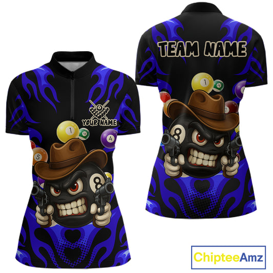 Personalized Blue Funny Flame 8 Ball Billiard Shirt For Women Custom Pool Team Jersey Polo & 1/4 Zip TDM4783