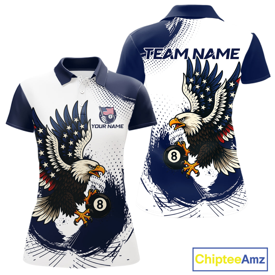 Personalized Grunge Paint Eagle US Flag 8 Ball Billiard Shirt For Women, White Navy Pool Team Jersey TDM4785