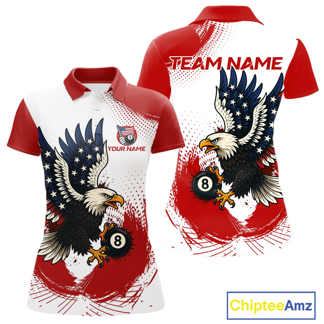 Personalized Grunge Paint Eagle US Flag 8 Ball Billiard Shirt For Women, White Red Pool Team Jersey TDM4786