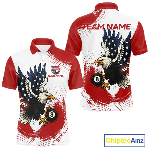 Personalized Grunge Paint Eagle US Flag 8 Ball Billiard Shirt For Men, White Red Pool Team Jersey TDM4786