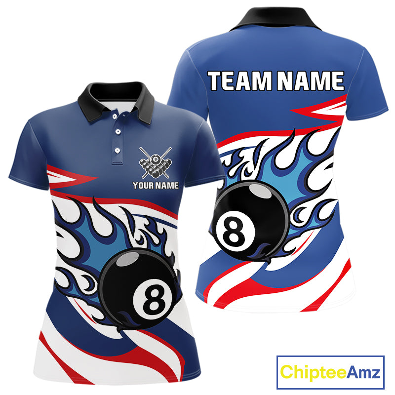 Red, White And Blue 8 Ball Flame Billiard Shirt For Women Custom Billiard Team Jersey Polo & 1/4 Zip TDM4202